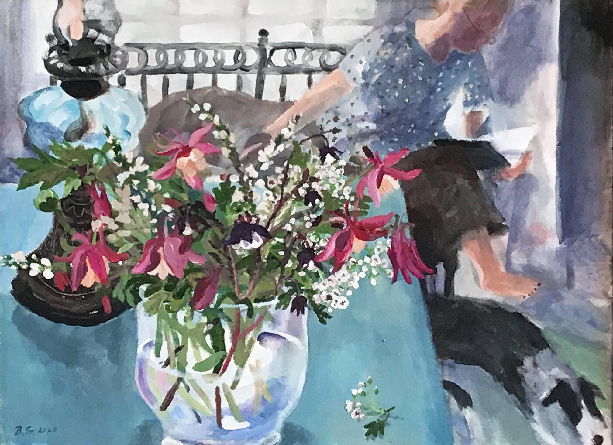 Self-portrait with Aquilegia. 50 x 60cm