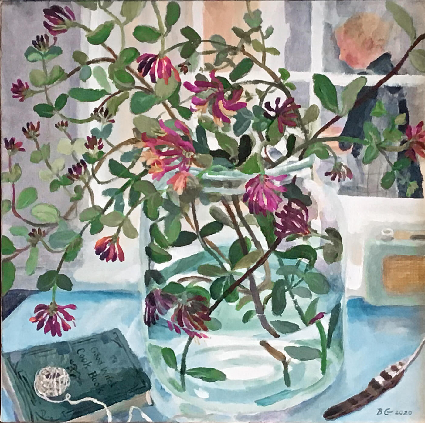 Self-portrait with Honeysuckle and Hawk Feather. 50 x 50cm