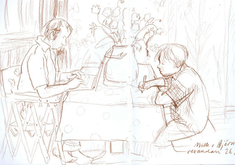 Mick & Björn, Veranda, Sweden. A2 sketchbook