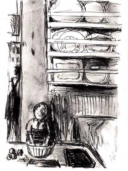 Charlie Making Crumble. Stone lithograph, approx A3