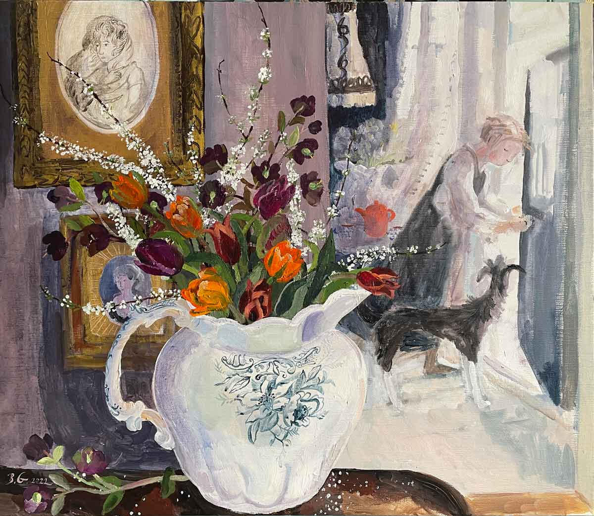 Orange Teapot and Hellebore. 60 x 70cm