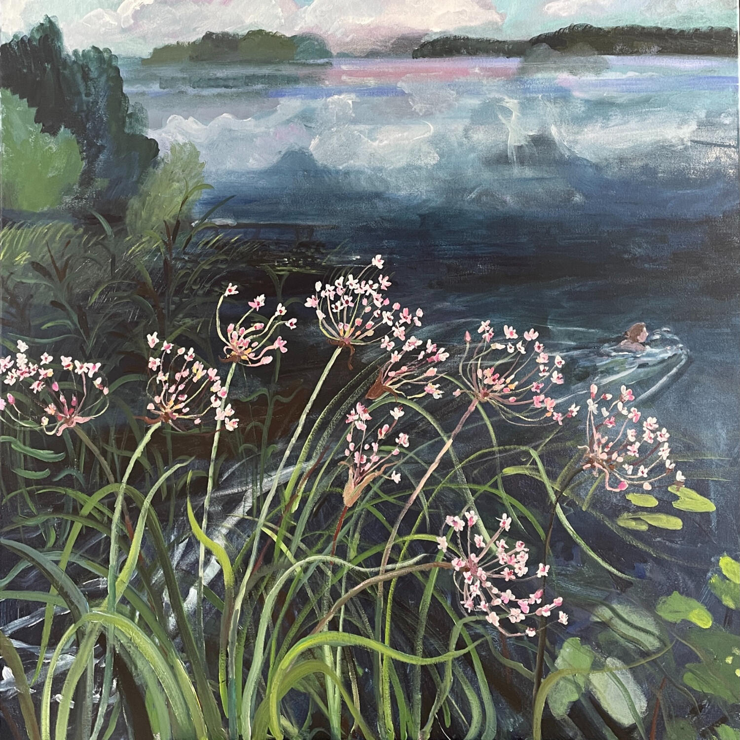 Flowering Reeds and Swimmer. 100 x 100cm